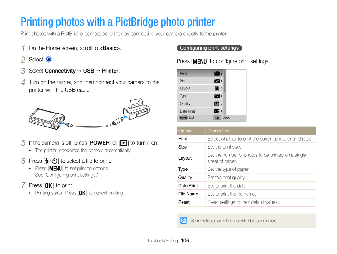 Samsung DV300 Printing photos with a PictBridge photo printer, Press F/t to select a ﬁle to print, Press o to print 