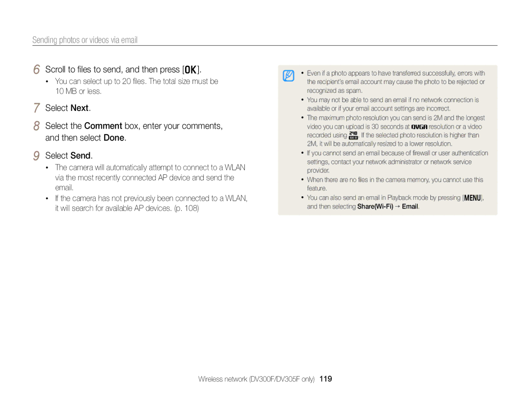 Samsung DV300 Scroll to ﬁles to send, and then press o, Maximum photo resolution you can send is 2M and the longest 