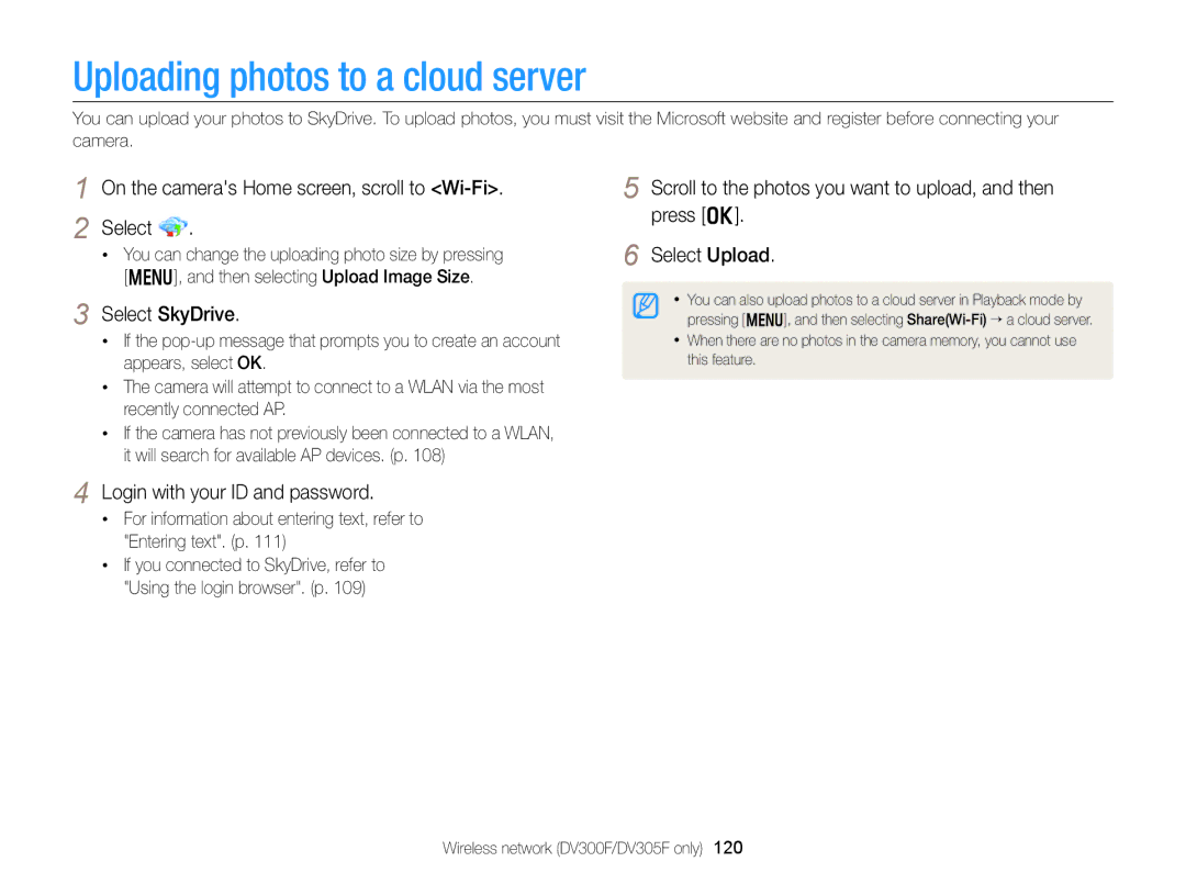 Samsung DV300 Uploading photos to a cloud server, On the cameras Home screen, scroll to Wi-Fi Select, Select SkyDrive 