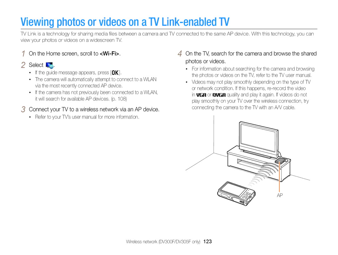 Samsung DV300 user manual Viewing photos or videos on a TV Link-enabled TV, On the Home screen, scroll to Wi-Fi Select 