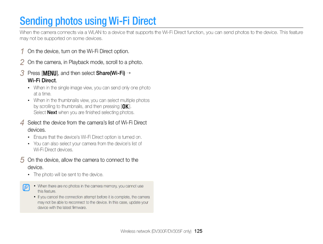 Samsung DV300 user manual Sending photos using Wi-Fi Direct, On the device, allow the camera to connect to the device 