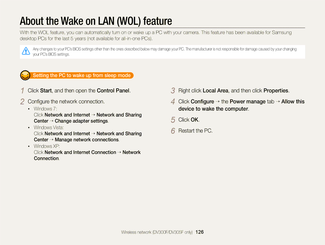 Samsung DV300 user manual About the Wake on LAN WOL feature, Setting the PC to wake up from sleep mode 