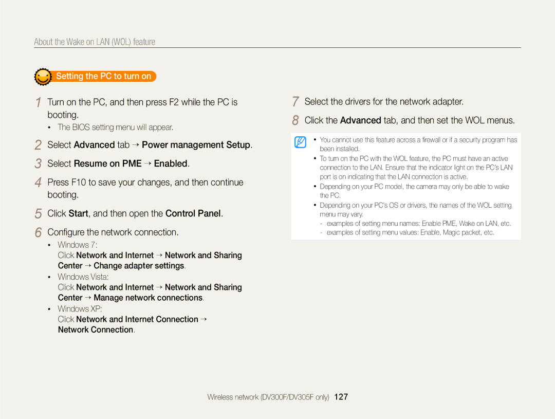 Samsung DV300 user manual About the Wake on LAN WOL feature, Turn on the PC, and then press F2 while the PC is booting 