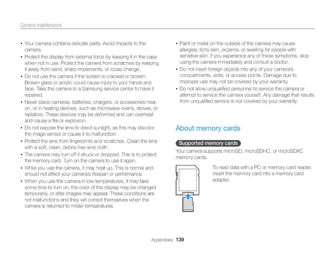 Samsung DV300 user manual About memory cards, Supported memory cards 