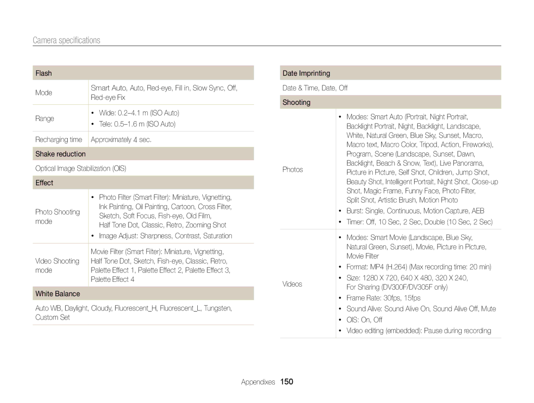 Samsung DV300 user manual Camera speciﬁcations 