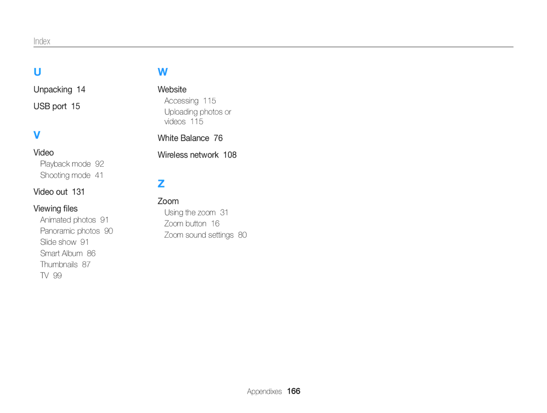 Samsung DV300 user manual Playback mode 92 Shooting mode, Accessing 115 Uploading photos or videos 