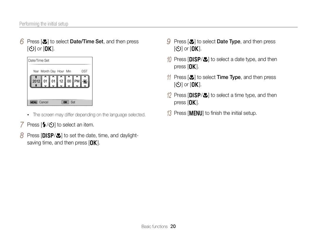 Samsung DV300 user manual Performing the initial setup, Press c to select Date/Time Set, and then press t or o 