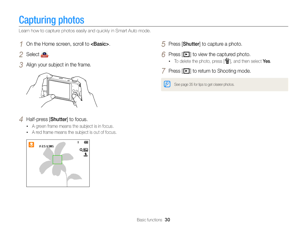 Samsung DV300 Capturing photos, Press P to return to Shooting mode, To delete the photo, press f, and then select Yes 