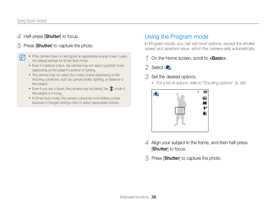 Samsung DV300 user manual Using the Program mode, Using Basic modes, For a list of options, refer to Shooting options. p 