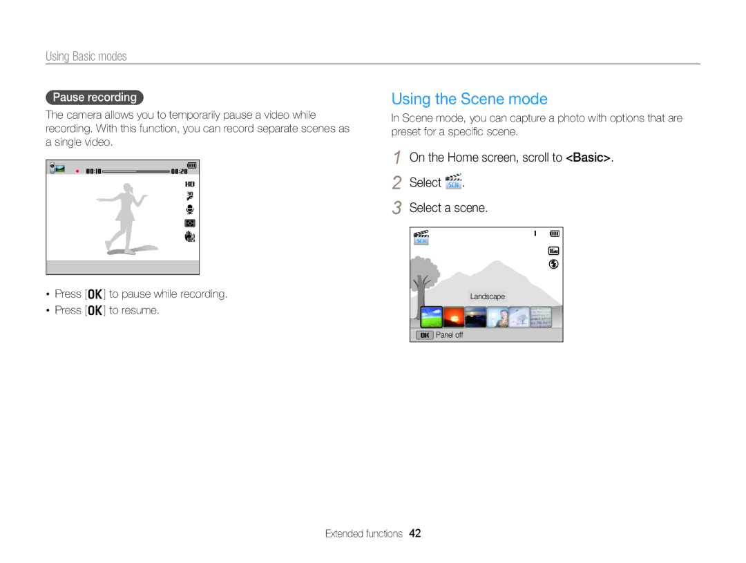 Samsung DV300 user manual Using the Scene mode, On the Home screen, scroll to Basic Select Select a scene, Pause recording 