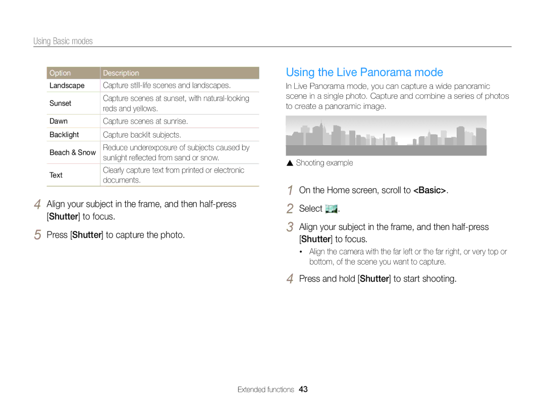 Samsung DV300 user manual Using the Live Panorama mode, Press and hold Shutter to start shooting 