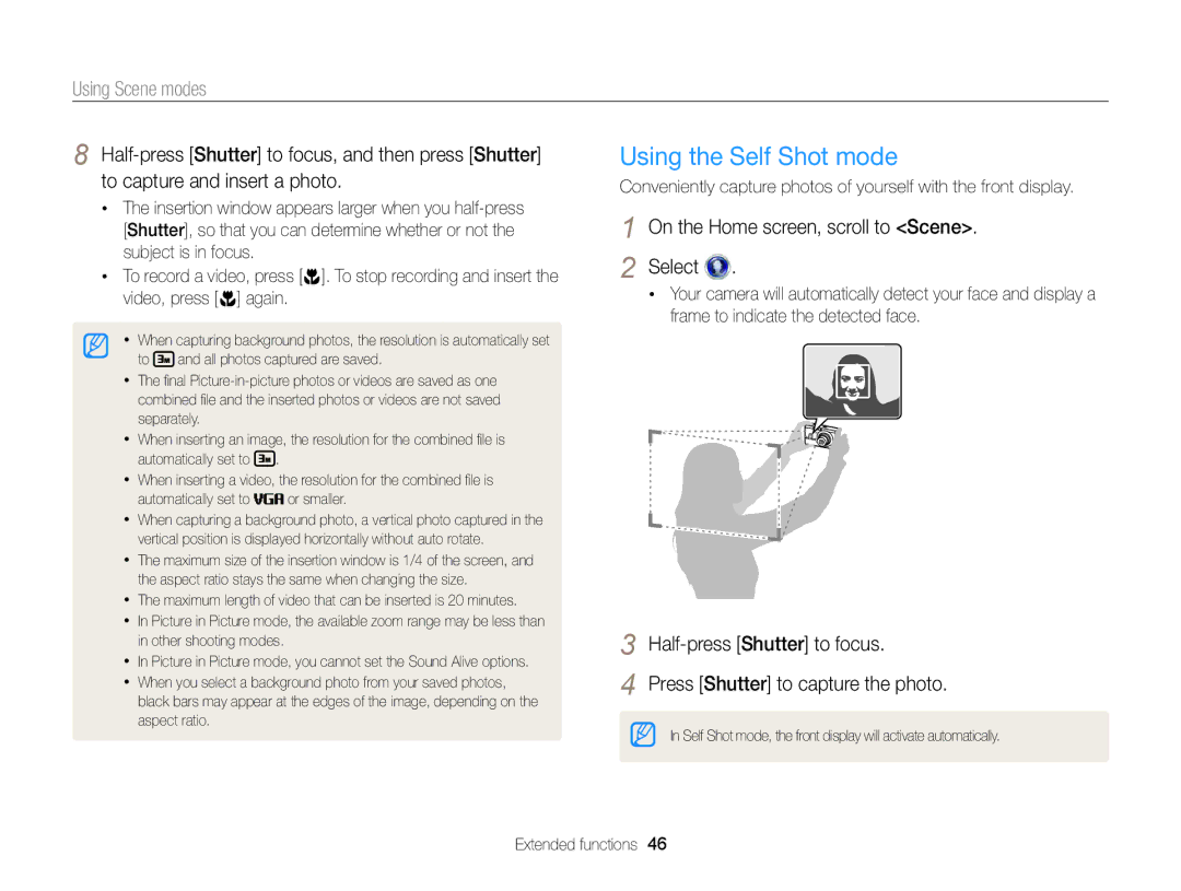 Samsung DV300 user manual Using the Self Shot mode, Using Scene modes 