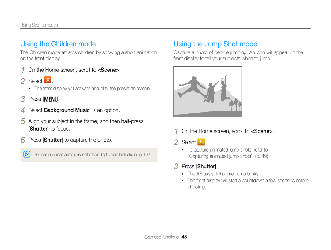 Samsung DV300 user manual Using the Children mode, Using the Jump Shot mode, Press Shutter 