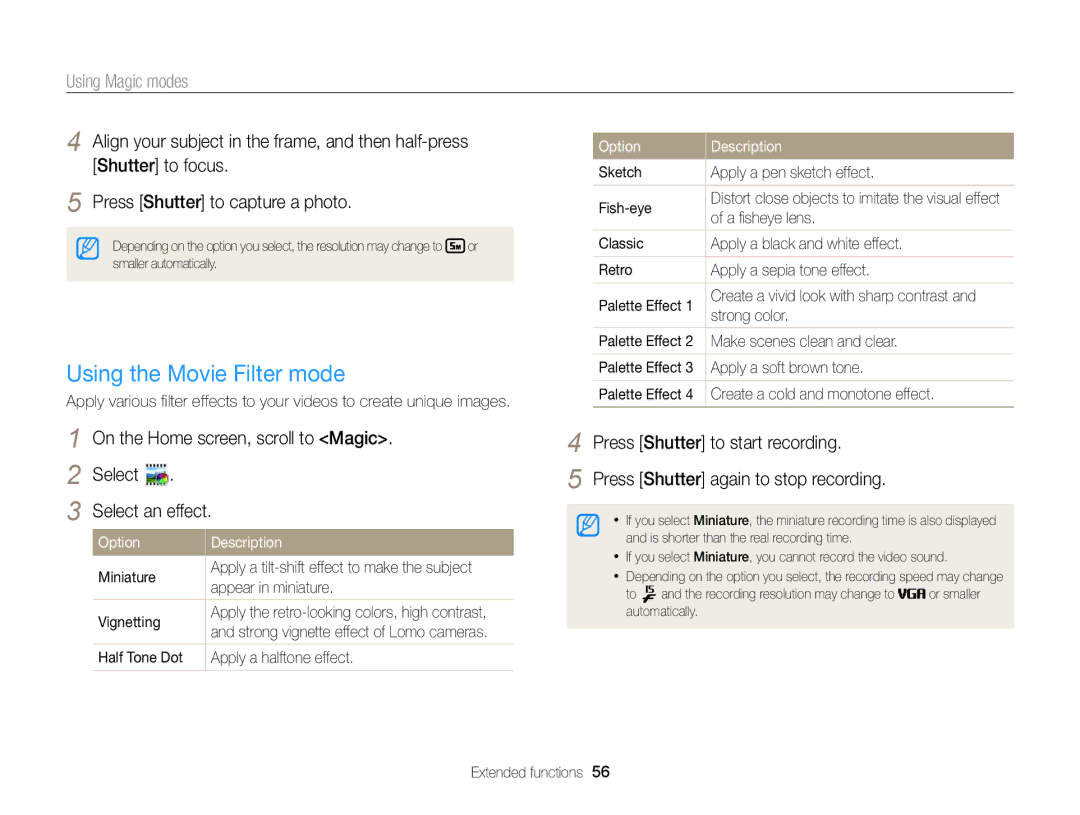 Samsung DV300 user manual Using the Movie Filter mode, On the Home screen, scroll to Magic 