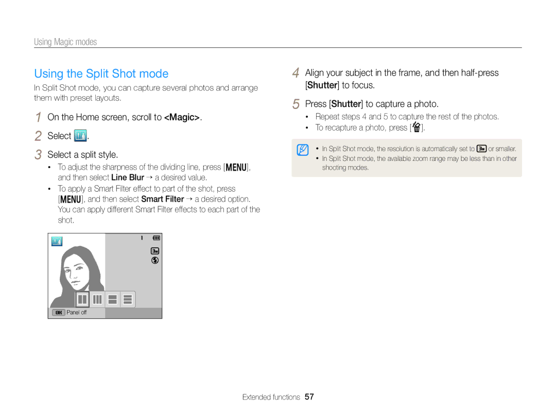 Samsung DV300 user manual Using the Split Shot mode 