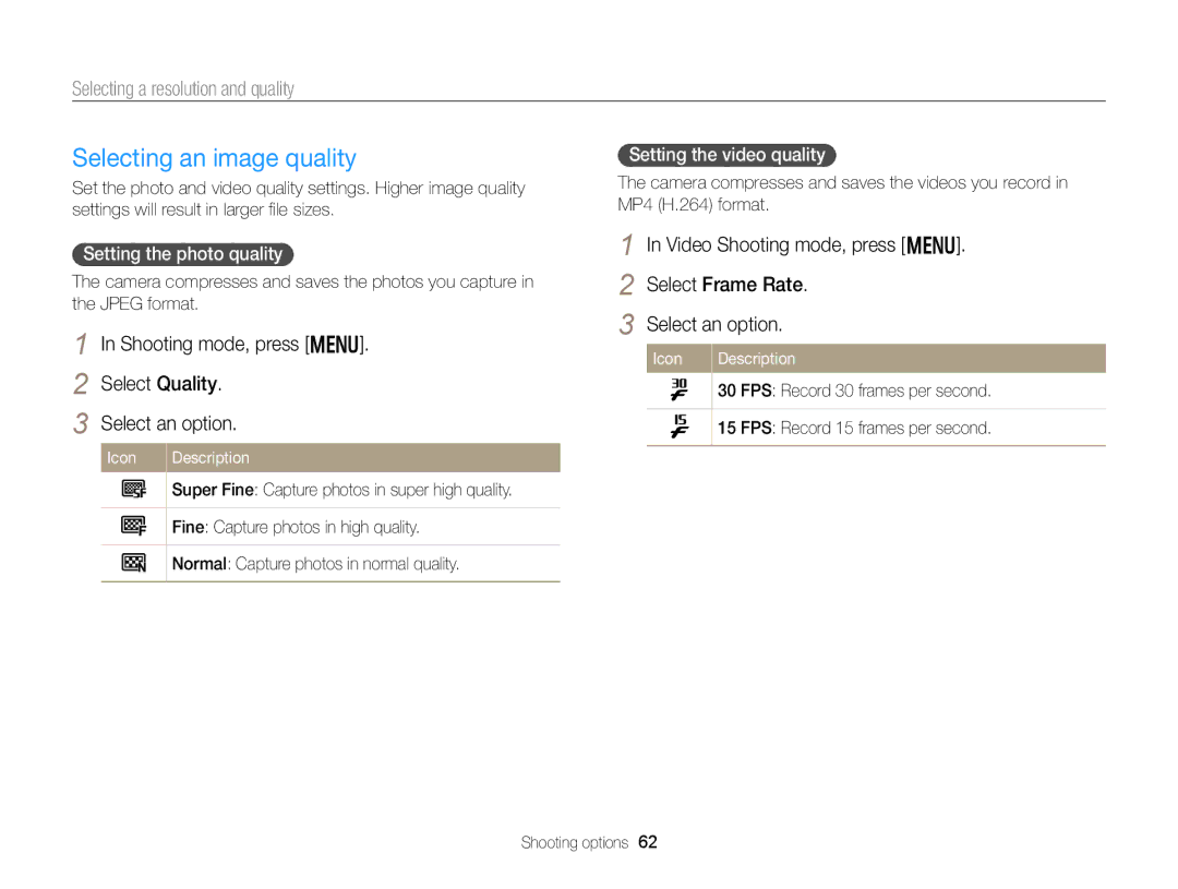 Samsung DV300 Selecting an image quality, Selecting a resolution and quality, Shooting mode, press m Select Quality 