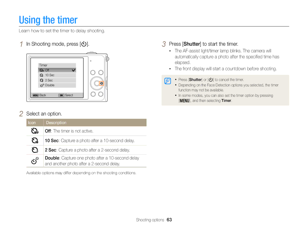 Samsung DV300 user manual Using the timer, Shooting mode, press t, Press Shutter to start the timer 