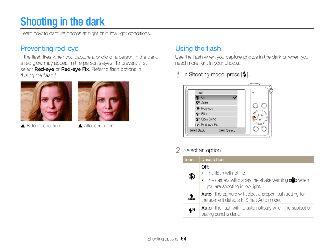 Samsung DV300 user manual Shooting in the dark, Preventing red-eye, Using the ﬂash, Shooting mode, press F 