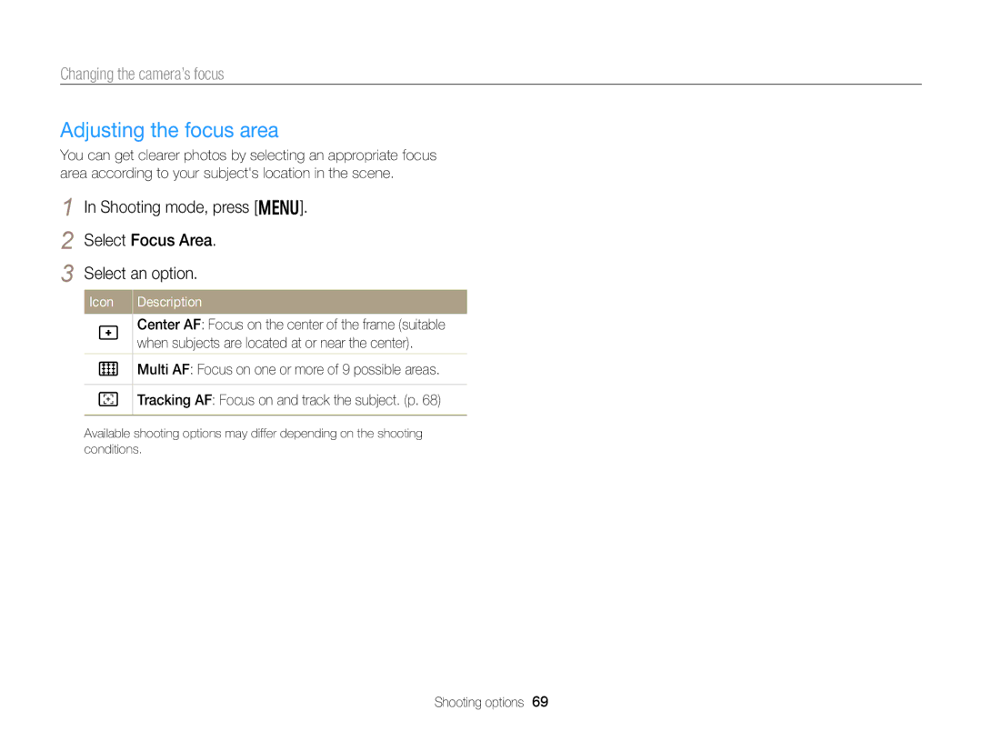 Samsung DV300 user manual Adjusting the focus area, Shooting mode, press m Select Focus Area Select an option 