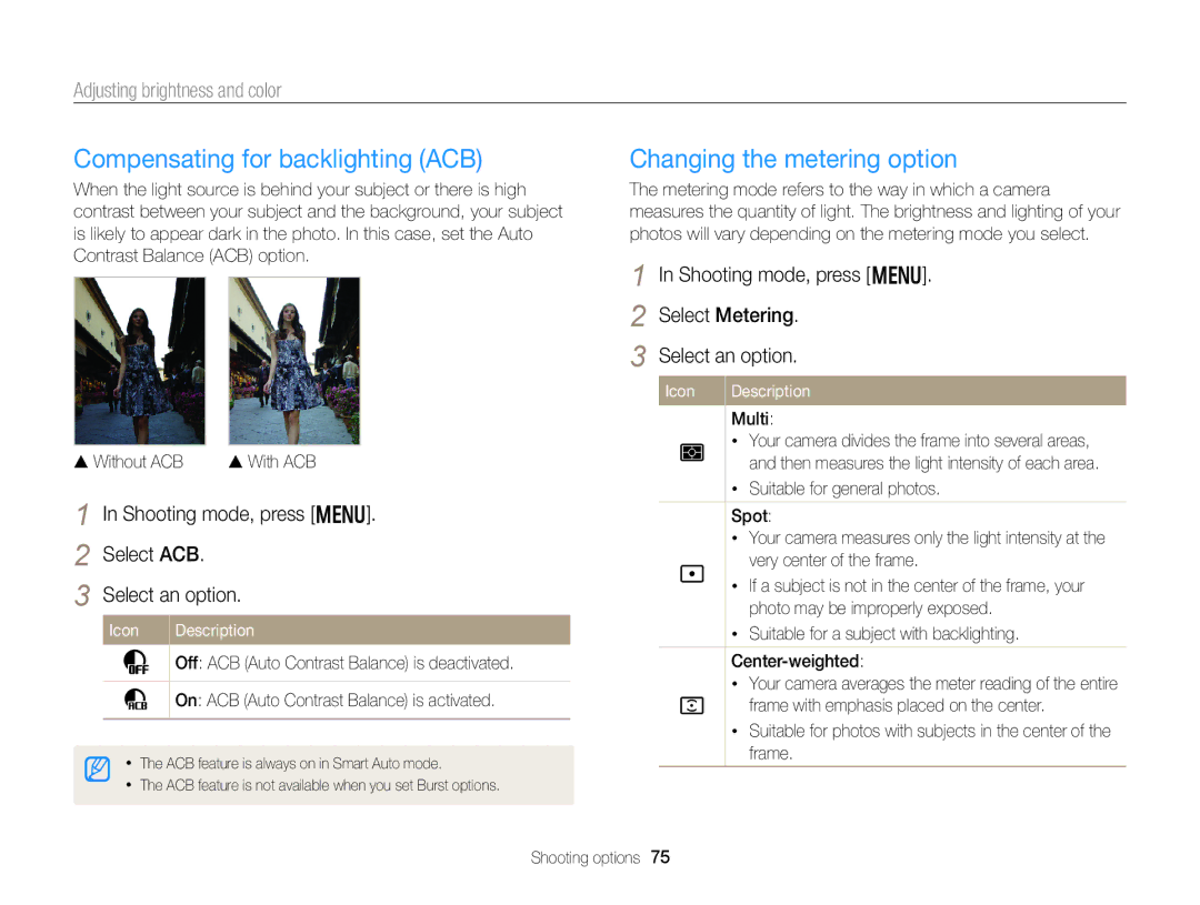 Samsung DV300 user manual Compensating for backlighting ACB, Changing the metering option, Adjusting brightness and color 