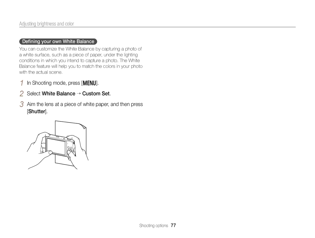 Samsung DV300 user manual Deﬁning your own White Balance 