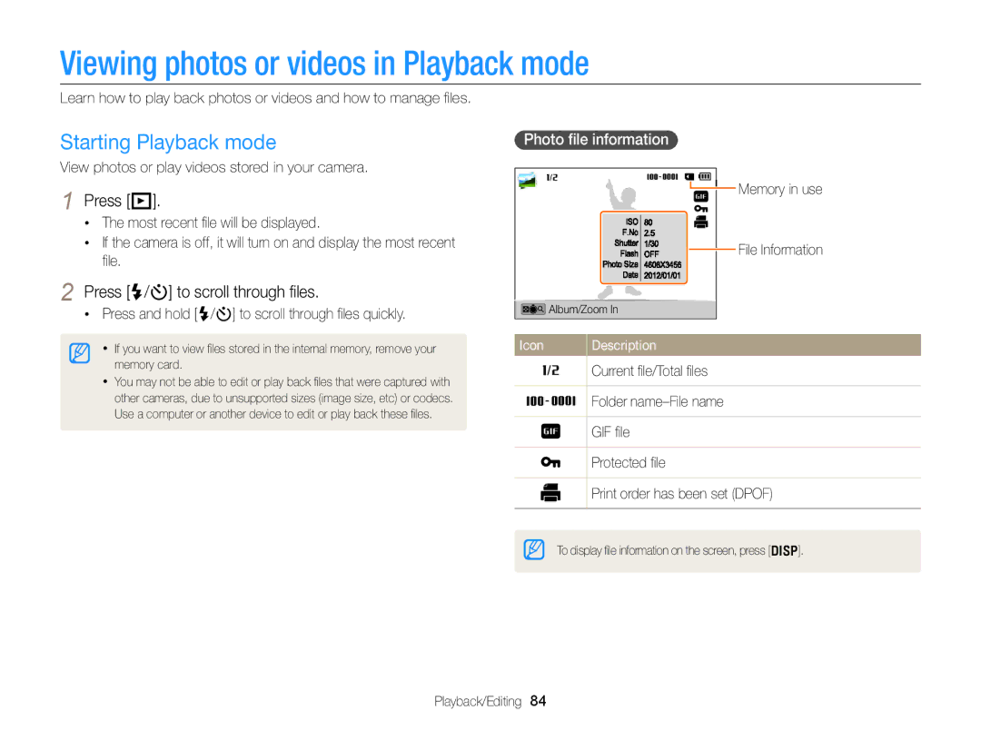 Samsung DV300 Viewing photos or videos in Playback mode, Starting Playback mode, Press P, Press F/t to scroll through ﬁles 