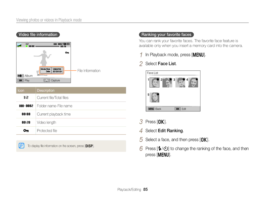 Samsung DV300 Viewing photos or videos in Playback mode, Playback mode, press m Select Face List, Video ﬁle information 