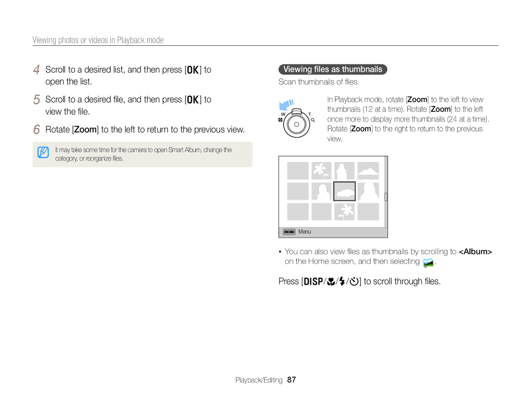 Samsung DV300 user manual Press D/c/F/t to scroll through ﬁles, Viewing ﬁles as thumbnails 