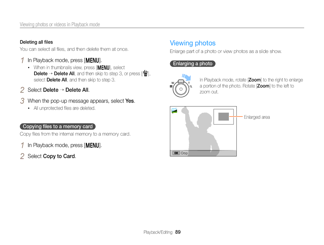 Samsung DV300 user manual Viewing photos, Playback mode, press m Select Copy to Card, Copying ﬁles to a memory card 