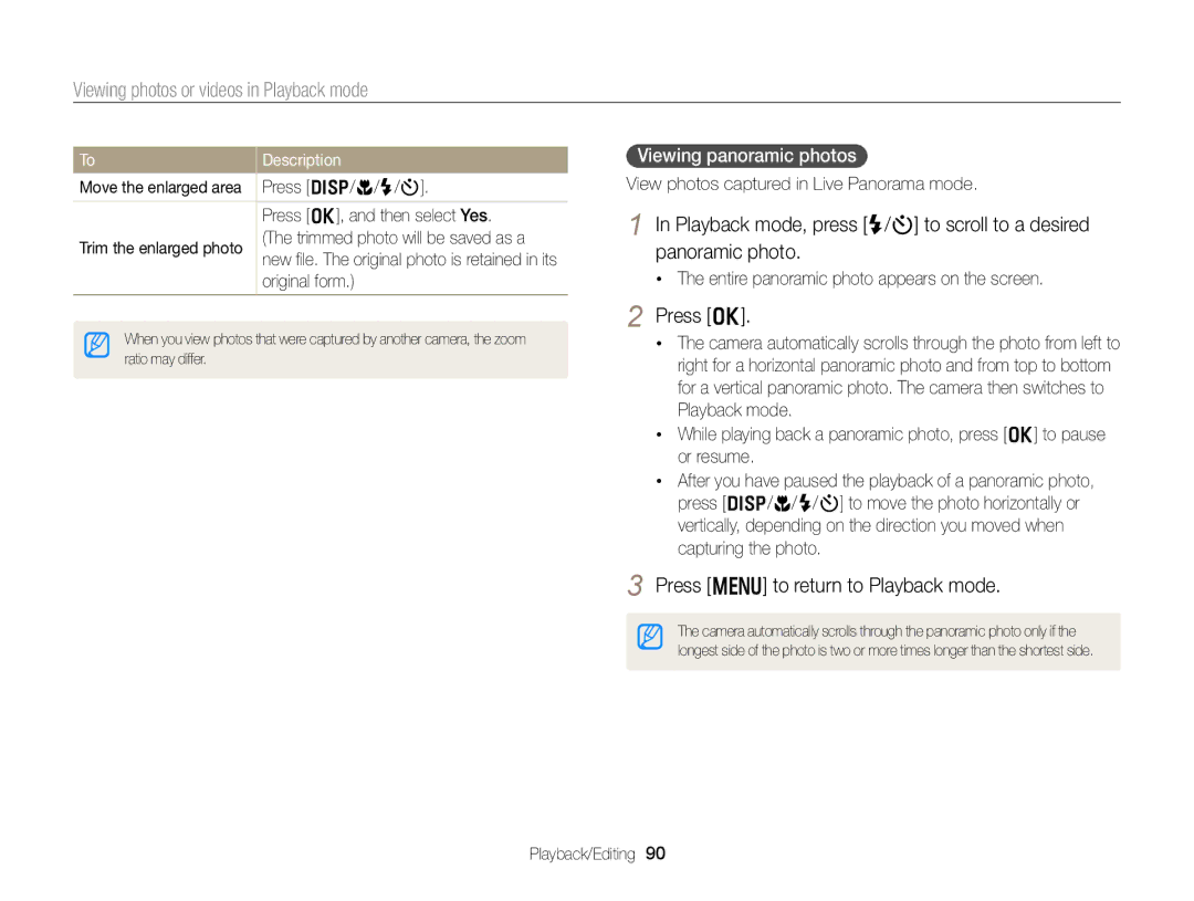 Samsung DV300 Press m to return to Playback mode, Viewing panoramic photos, Entire panoramic photo appears on the screen 