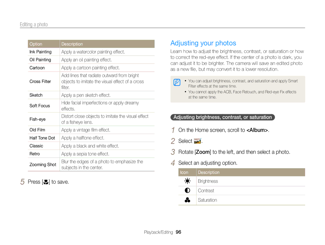 Samsung DV300 Adjusting your photos, Adjusting brightness, contrast, or saturation, ﬁlter, Subjects in the center 