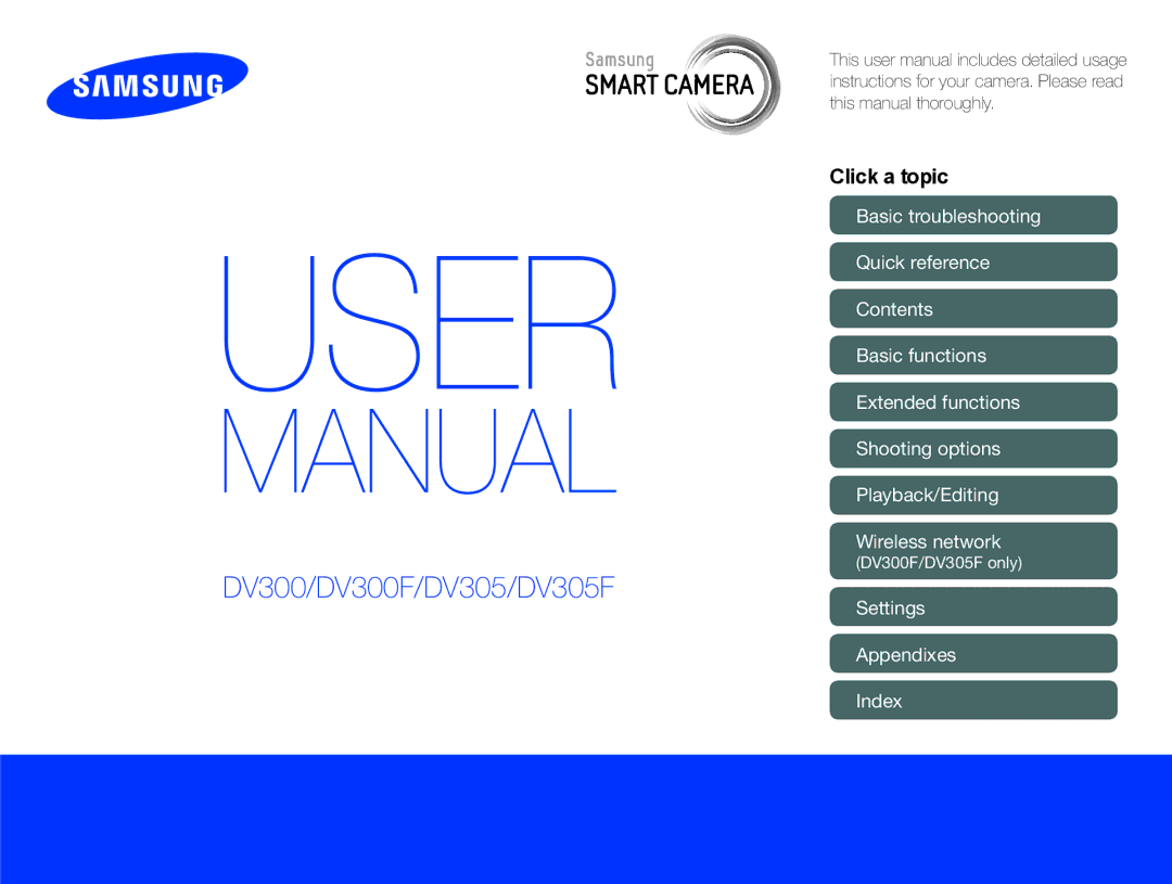 Samsung DV300BK user manual Settings Appendixes Index, DV300F/DV305F only 