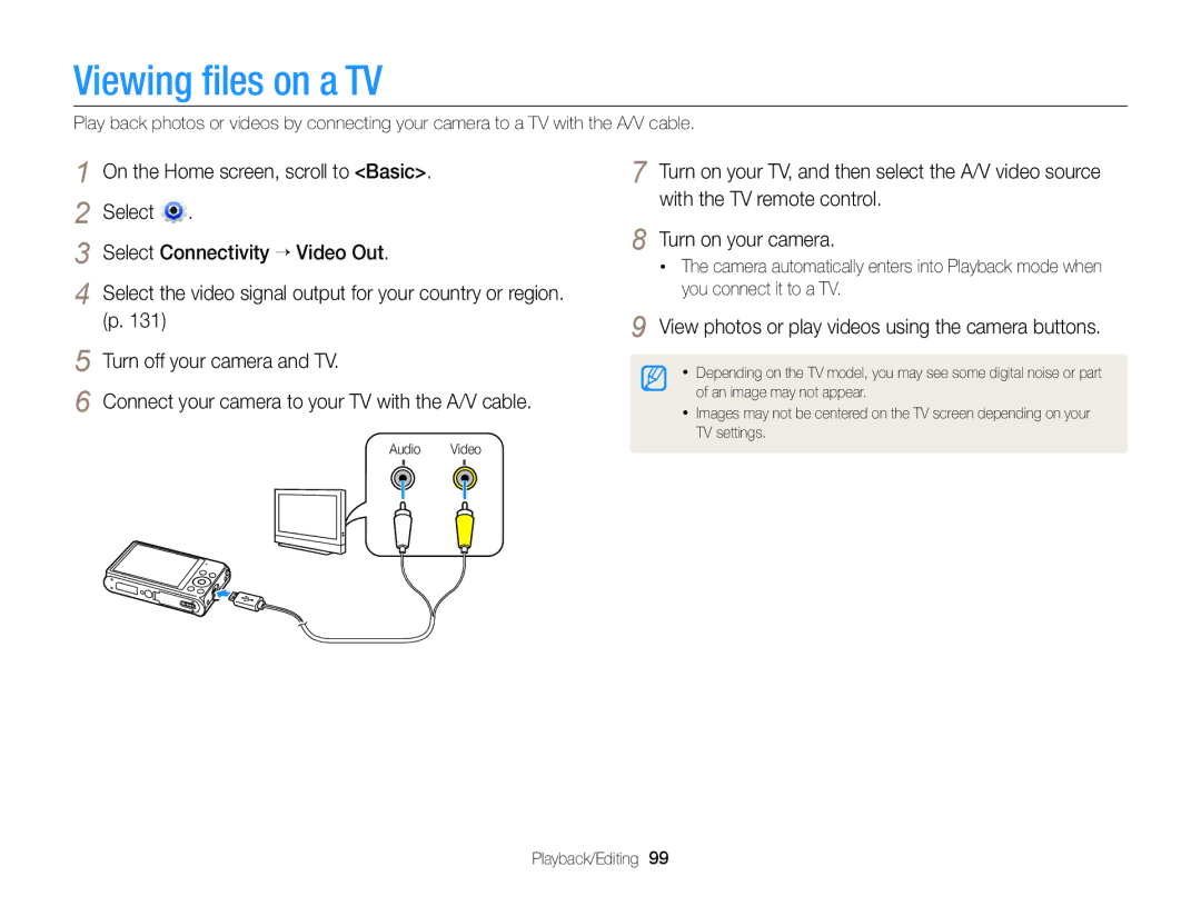 Samsung DV300F, DV300BK user manual Viewing ﬁles on a TV, View photos or play videos using the camera buttons 