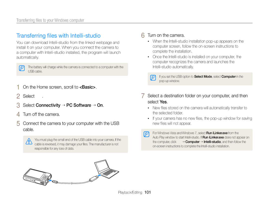 Samsung DV300F, DV300BK user manual Transferring ﬁles with Intelli-studio, Transferring ﬁles to your Windows computer 