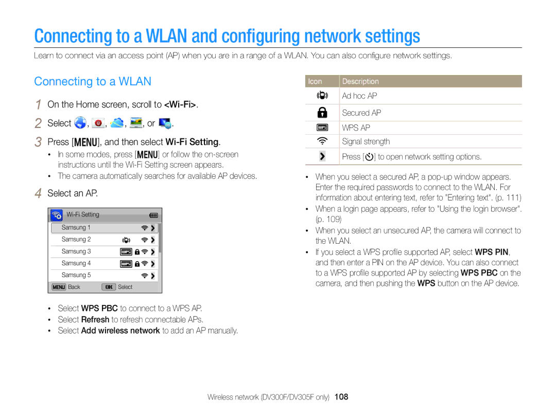 Samsung DV300BK, DV300F user manual Connecting to a Wlan and conﬁguring network settings, Select an AP 