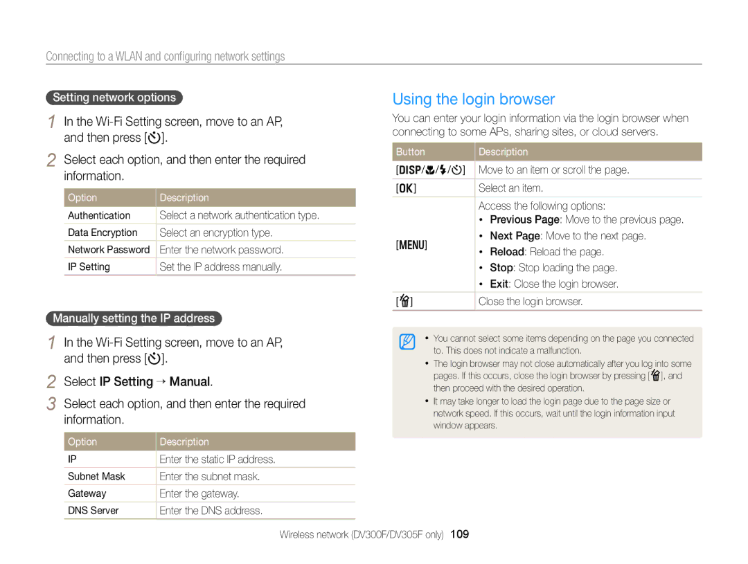 Samsung DV300F, DV300BK user manual Using the login browser, Connecting to a Wlan and conﬁguring network settings 