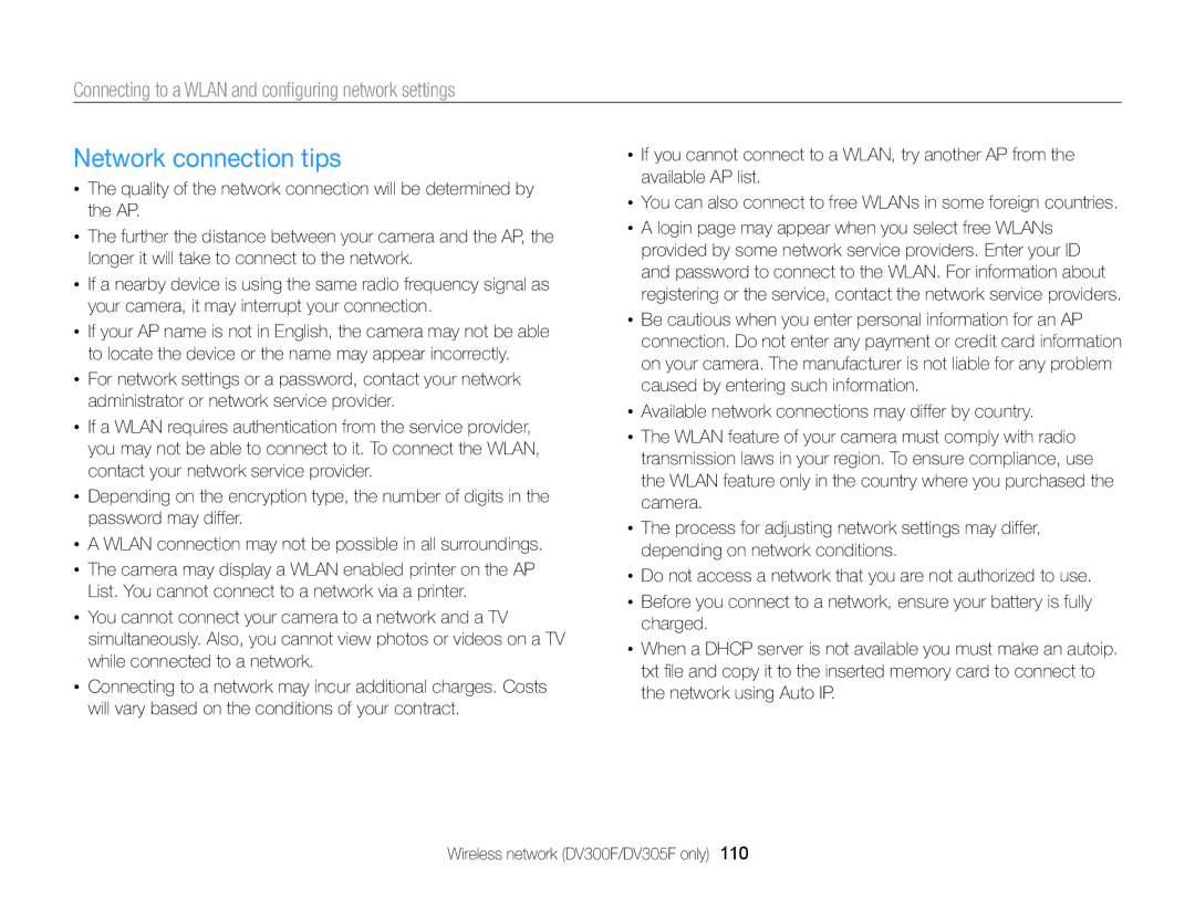 Samsung DV300BK, DV300F user manual Network connection tips 