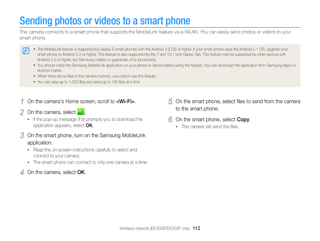 Samsung DV300BK, DV300F user manual Sending photos or videos to a smart phone, Camera will send the ﬁles 