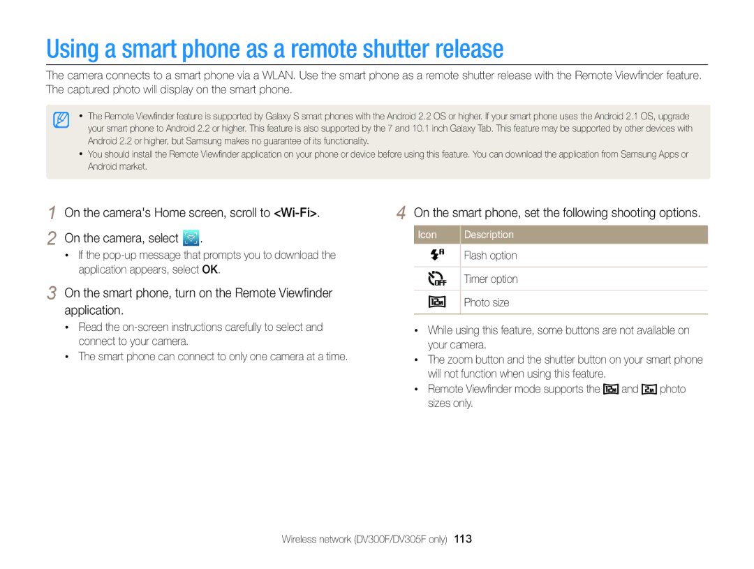 Samsung DV300F Using a smart phone as a remote shutter release, On the smart phone, set the following shooting options 