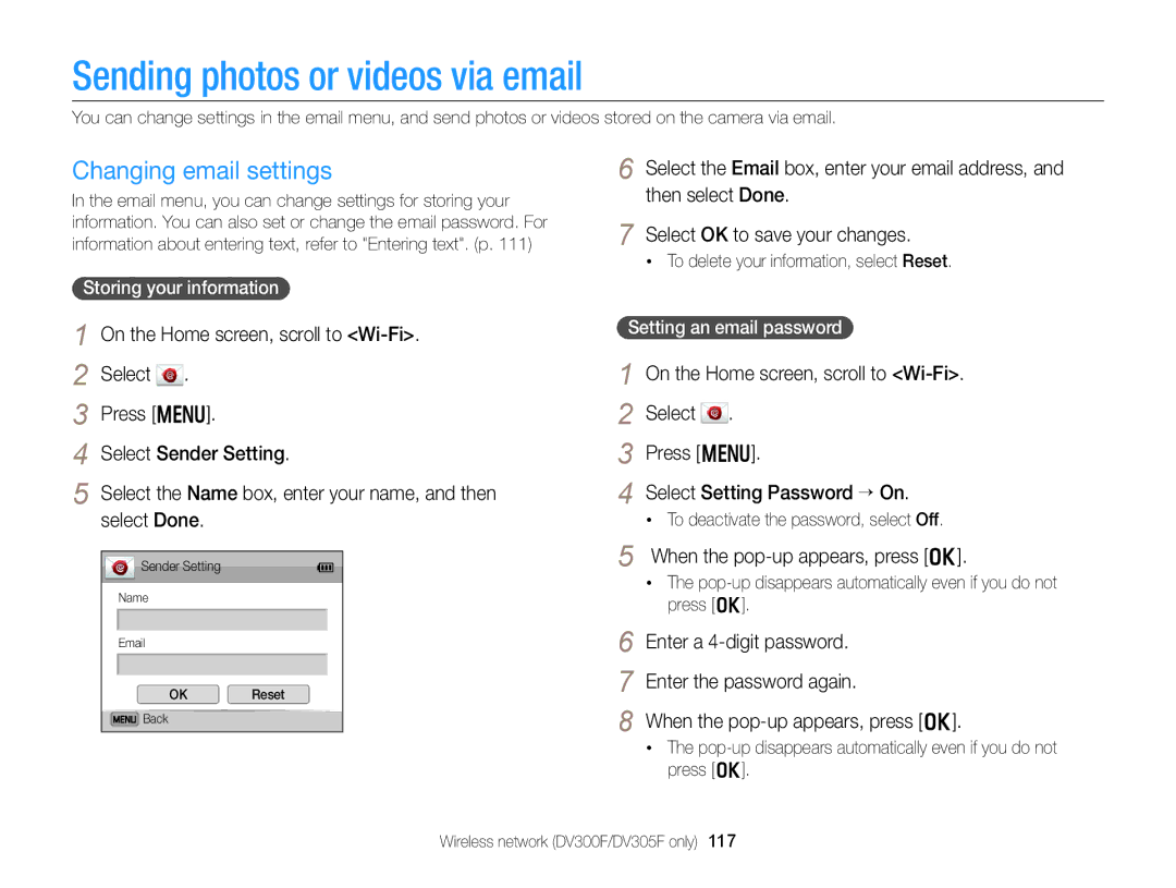 Samsung DV300F, DV300BK Sending photos or videos via email, Changing email settings, When the pop-up appears, press o 