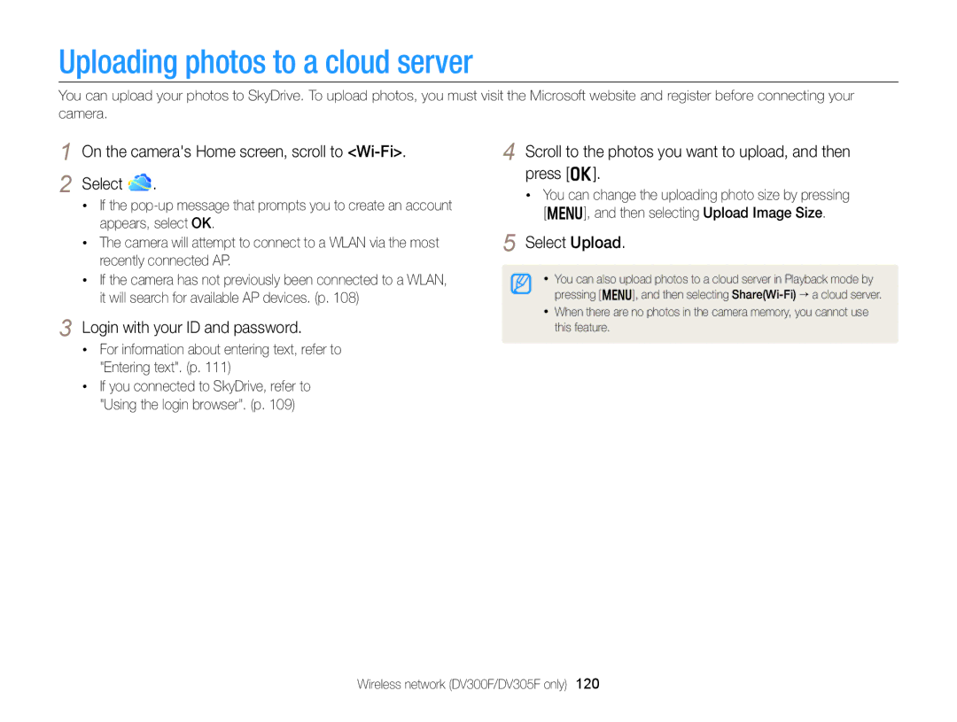 Samsung DV300BK, DV300F user manual Uploading photos to a cloud server, On the cameras Home screen, scroll to Wi-Fi Select 