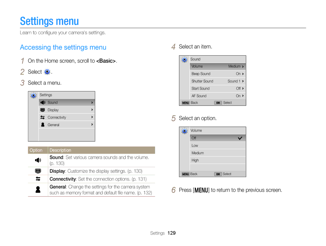 Samsung DV300F Settings menu, Accessing the settings menu, On the Home screen, scroll to Basic Select Select a menu 