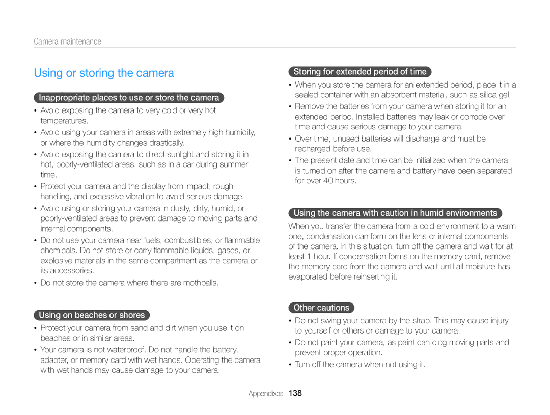 Samsung DV300BK, DV300F user manual Using or storing the camera, Camera maintenance 