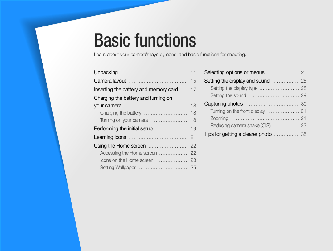 Samsung DV300F, DV300BK user manual Basic functions, Capturing photos ………………………… 