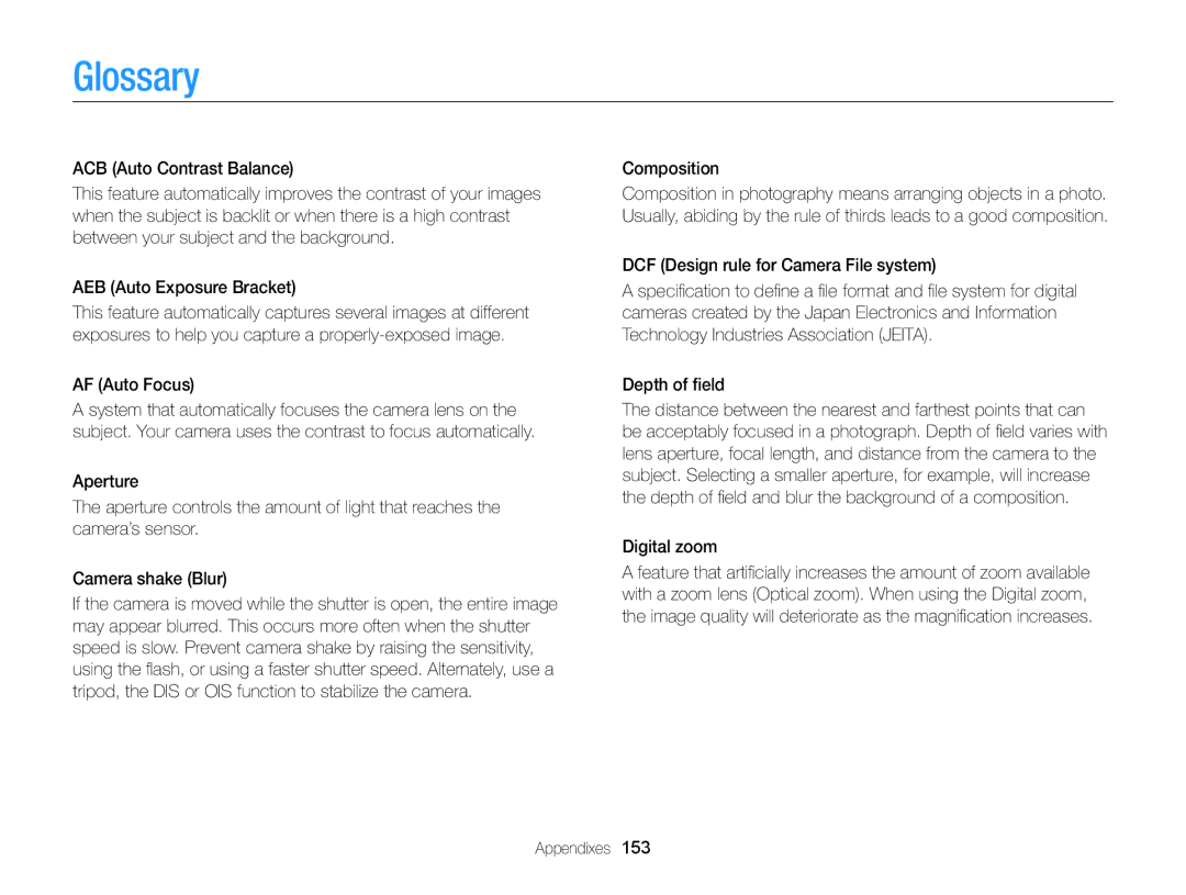 Samsung DV300F, DV300BK user manual Glossary, AF Auto Focus, Composition 