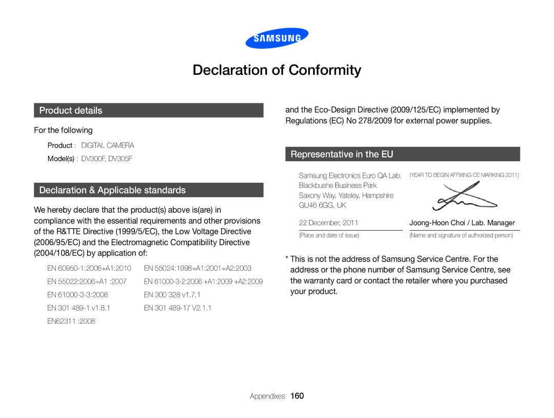 Samsung DV300BK, DV300F user manual Declaration of Conformity, For the following 