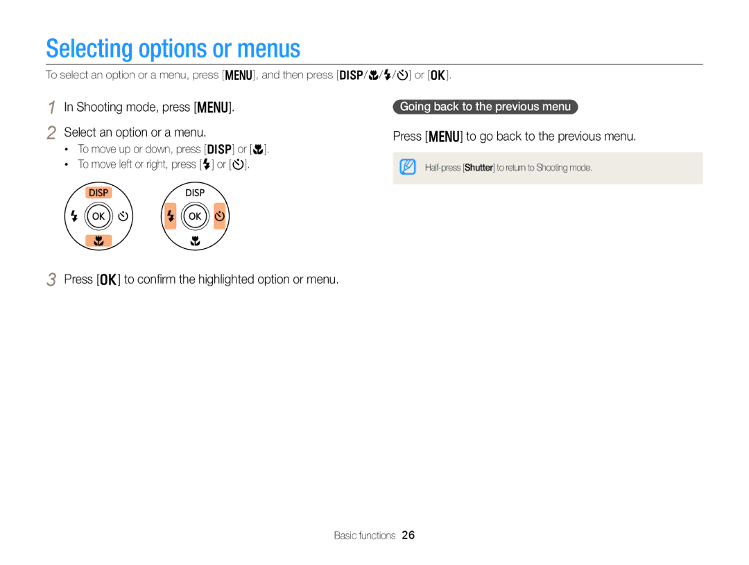 Samsung DV300BK, DV300F user manual Selecting options or menus, Shooting mode, press m Select an option or a menu 