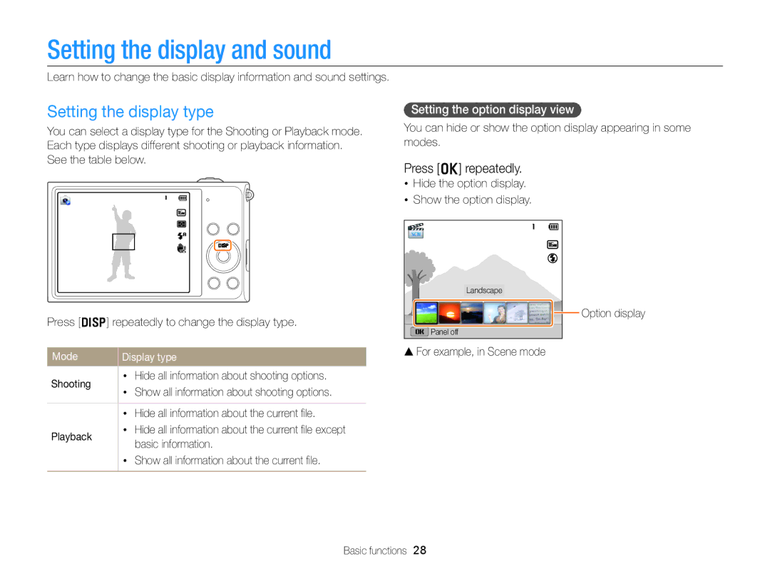 Samsung DV300BK, DV300F Setting the display and sound, Setting the display type, Press o repeatedly, Mode Display type 