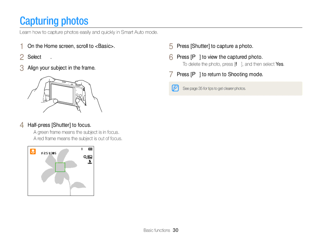 Samsung DV300BK Capturing photos, Press P to return to Shooting mode, To delete the photo, press f, and then select Yes 