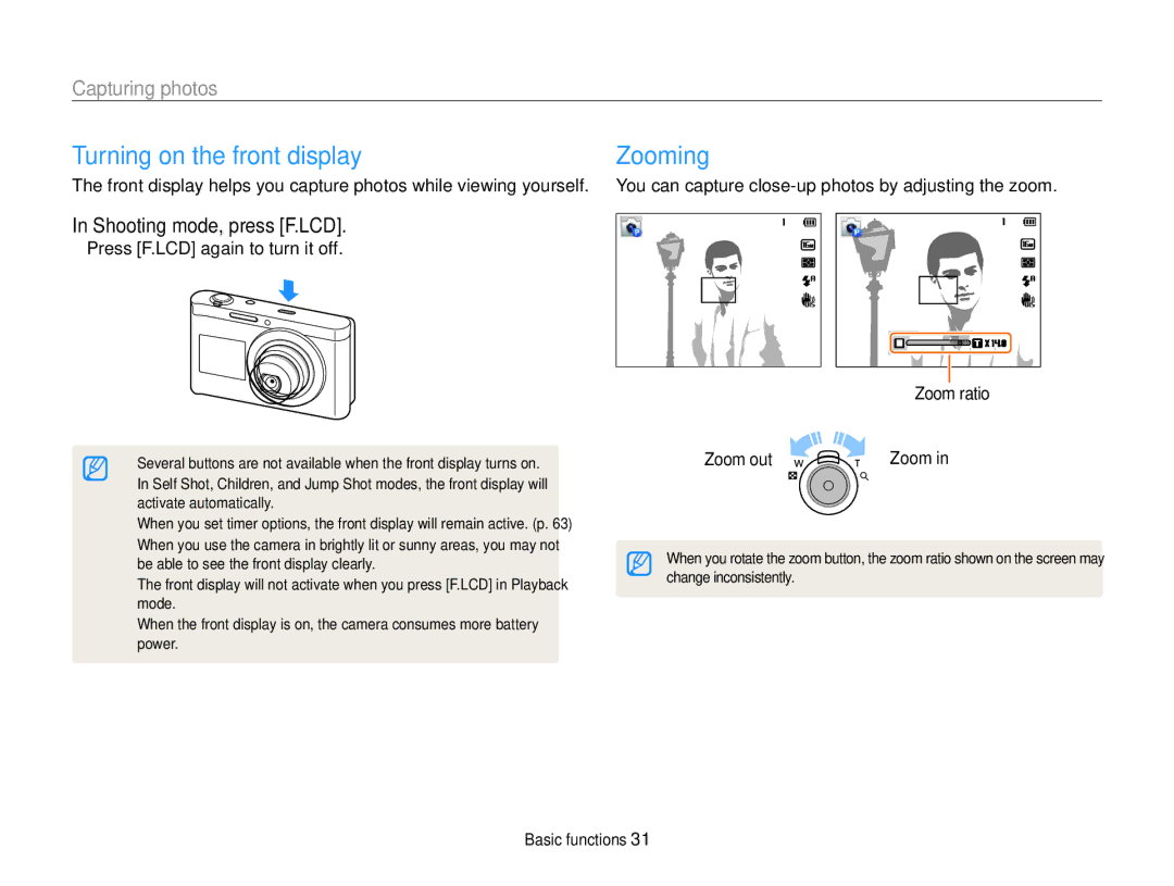 Samsung DV300F, DV300BK Turning on the front display Zooming, Capturing photos, Shooting mode, press F.LCD, Zoom out 